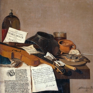 Still Life with a Copy of De Waere Mercurius, a Broadsheet with the News of Tromp's Victory over three English Ships on 28 June 1639, and a Poem telling the story of Apelles and the Cobbler oil on canvas by Anthonius Leemans